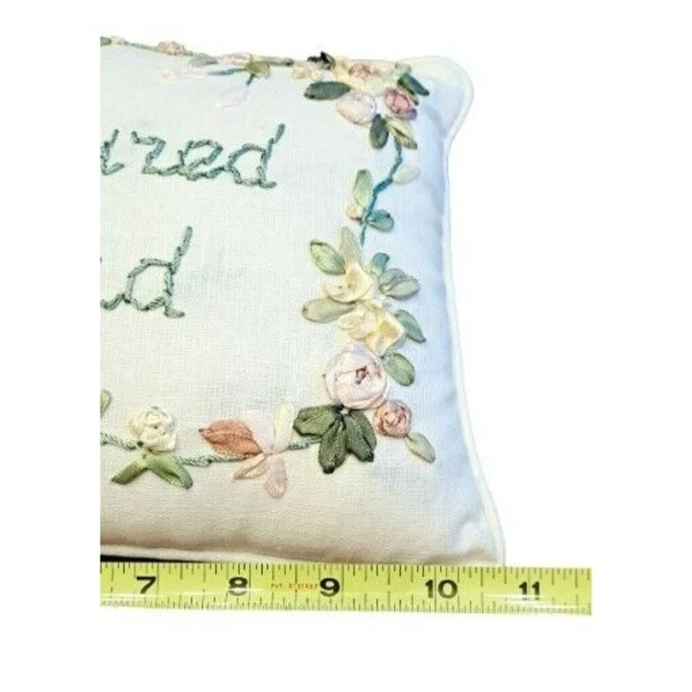 Treasured Friend Ribbon Embroidery Floral Accent Pillow Cream‎ 11x8